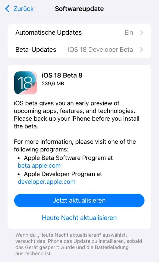 永德苹果手机维修分享苹果 iOS / iPadOS 18 开发者预览版 Beta 8 发布 